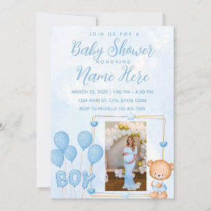 Blue & Gold Teddy Bear Baby Shower Invitation