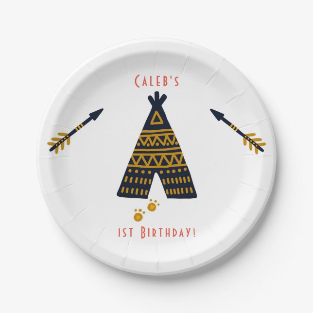 Blue & Gold Tepee Boho Any Age Birthday Party Paper Plate (Front)