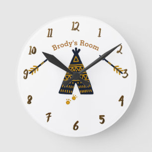 Blue & Gold Tepee Boho Rustic Personalized Name Round Clock