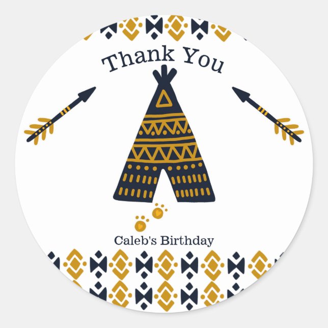 Blue & Gold Tepee Modern Birthday Party Favour Classic Round Sticker (Front)