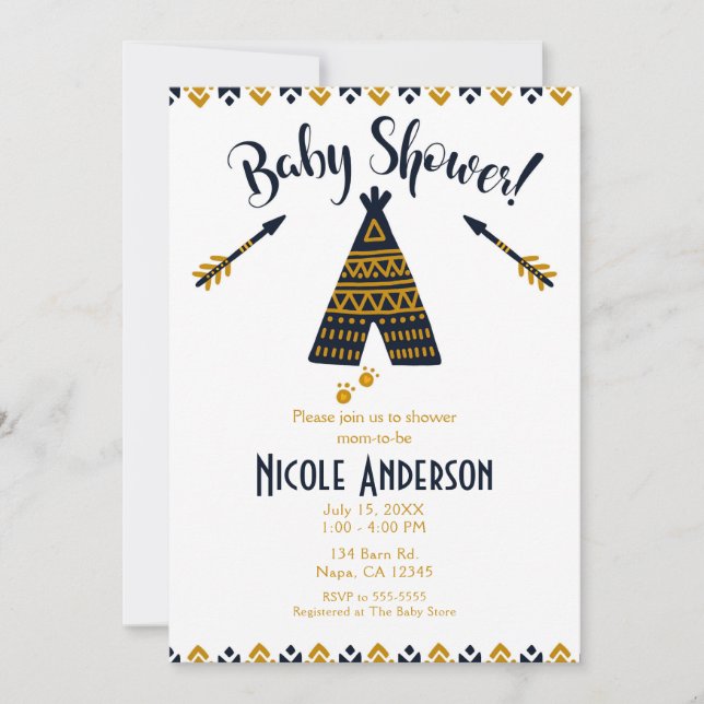 Blue & Gold Tepee Modern Chic Baby Shower Invitation (Front)