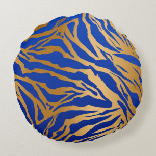 Blue & Gold Tiger Print Round Throw Pillow