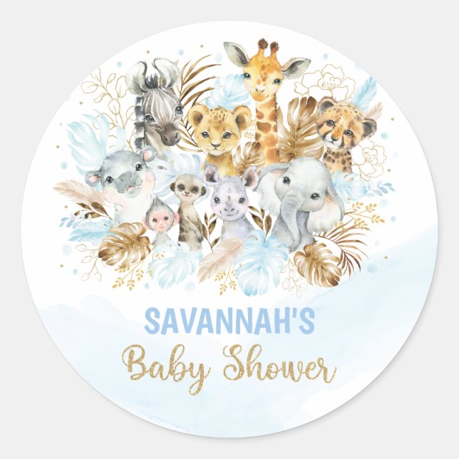 Blue Gold Tropical Boho Safari Animals Baby Shower Classic Round Sticker (Front)