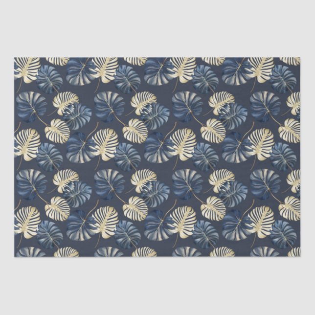 Blue Gold Tropical Leaves Tissue Paper (Front)