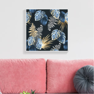 Blue Gold Tropical Palm Leaves Pattern Art Canvas Print