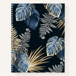 Blue Gold Tropical Palm Leaves Pattern Art Notebook