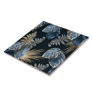 Blue Gold Tropical Palm Leaves Pattern Art Tile