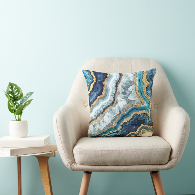 Blue Gold Turquoise White Elegant Geode Throw Pillow (Chair)