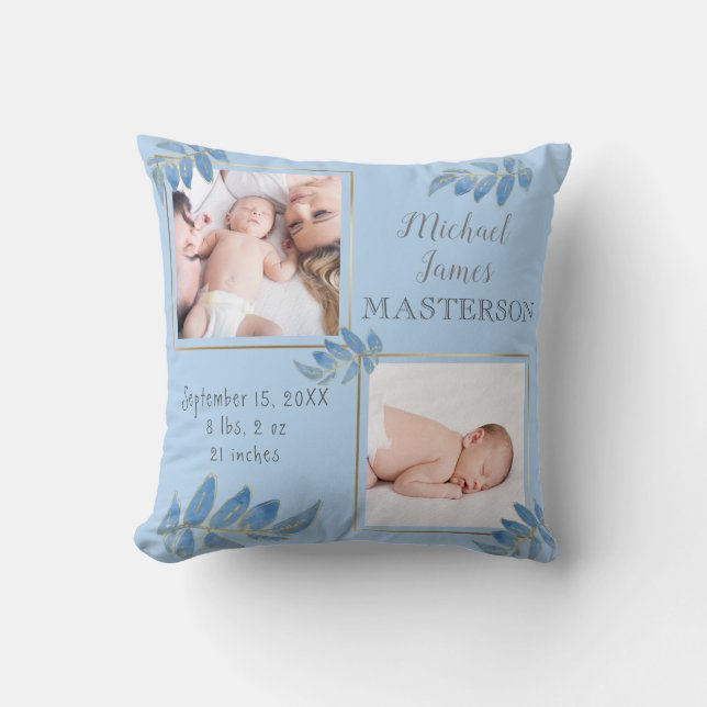 Blue Gold Two Photo Baby Boy Birth Stats Throw Pillow (Front)