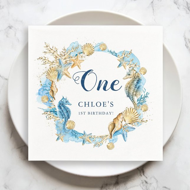 Blue & Gold Under the Sea Birthday Napkin (Creator Uploaded)