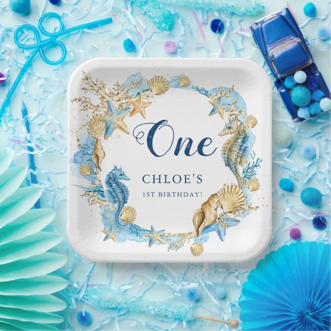 Blue & Gold Under the Sea Birthday Paper Plate (Party)