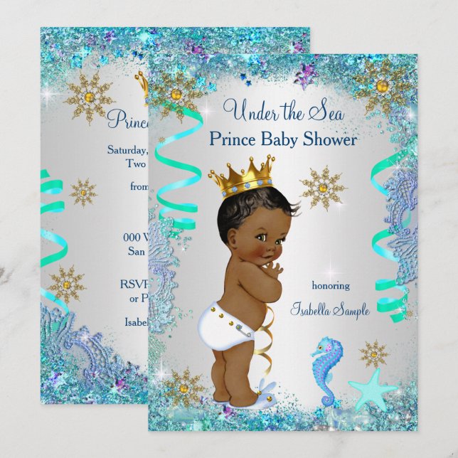 Blue Gold Under The Sea Prince Baby Shower Ethnic Invitation (Front/Back)