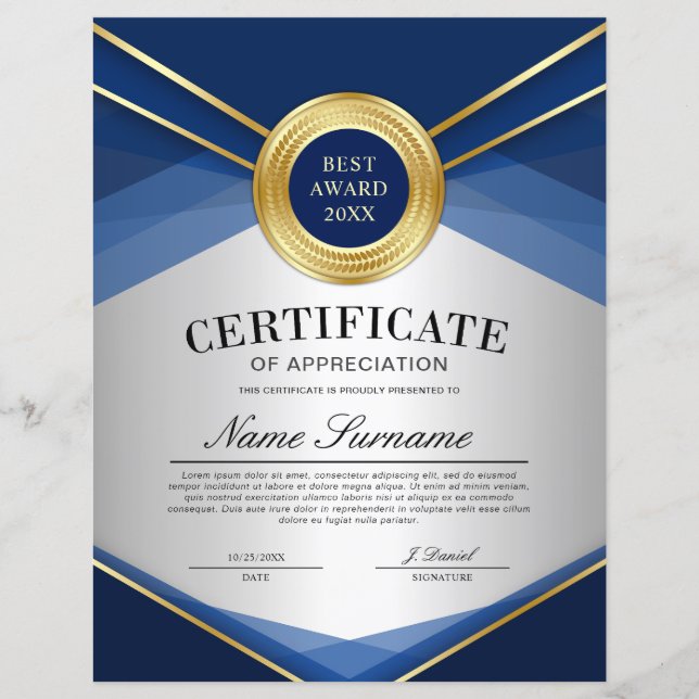 Blue & Gold Vertical Certificate of Appreciation  (Front)