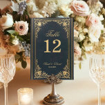 Blue Gold Vintage Elegant Script Wedding Table Number<br><div class="desc">This blue, elegant wedding table number, with a vintage air, has a vintage golden frame with baroque gold decorations on a navy blue background. The names and the title Table are written in an elegant calligraphic script. All text can be personalized and has a golden colour similar to the gold...</div>