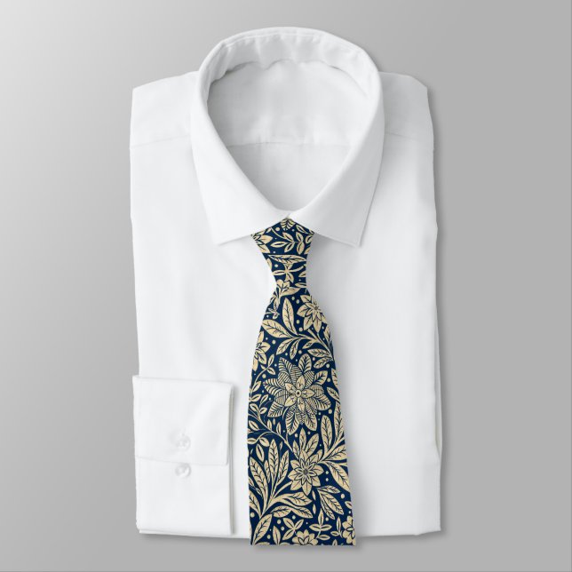Blue & Gold Vintage Floral Pattern Tie (Tied)