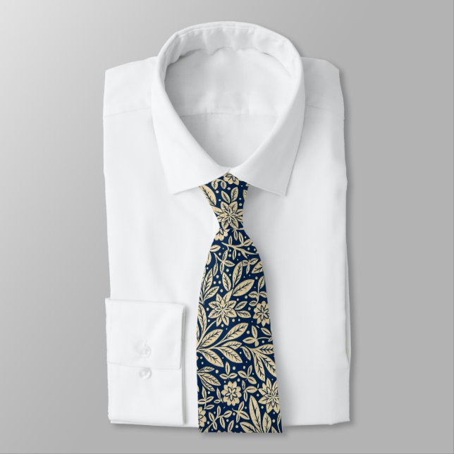Blue & Gold Vintage Floral Pattern Tie (Tied)