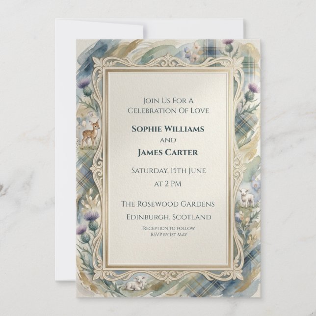 Blue Gold Vintage Floral Wedding Invitation (Front)