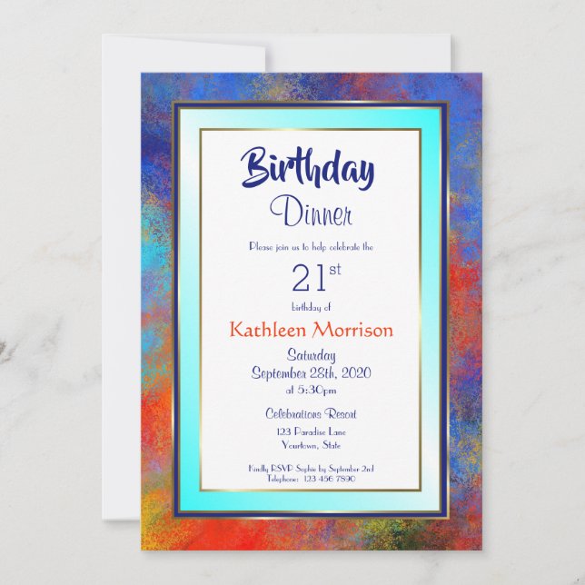 Blue Gold Watercolor 21st Birthday Dinner Invite (Front)