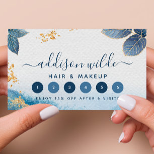 Blue Gold Watercolor Botanical Leaves Abstract Loyalty Card