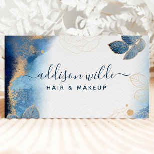 Blue Gold Watercolor Botanical Leaves Abstract QR  Business Card