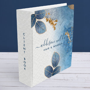 Blue Gold Watercolor Botanical Leaves Business Binder