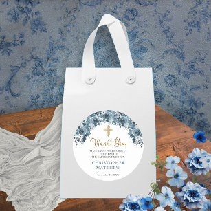 Blue Gold Watercolor Floral Boy Baptism Thank You Classic Round Sticker