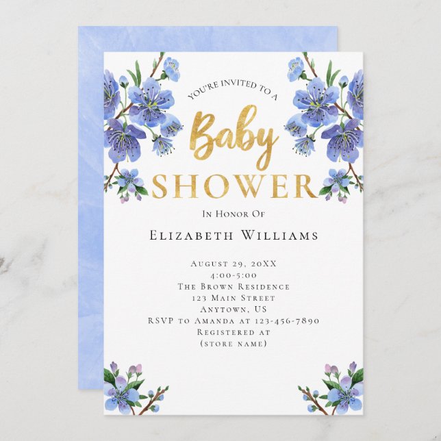Blue Gold Watercolor Flowers Baby Shower Invitation (Front/Back)