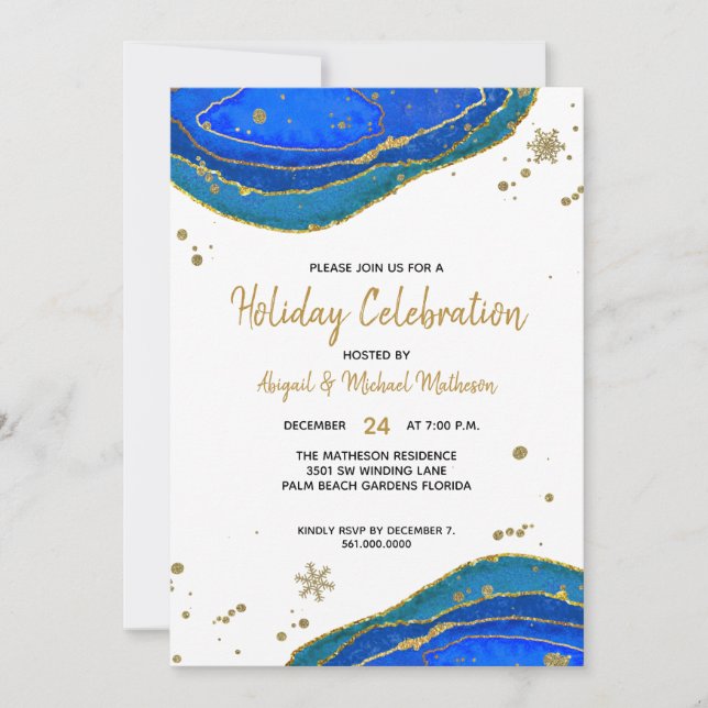 Blue Gold Watercolor Geode Agate Hanukkah Holiday Invitation (Front)