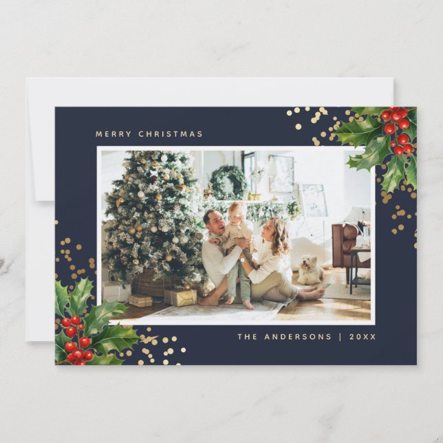 Blue Gold Watercolor Holly Photo Christmas Cards (Front)