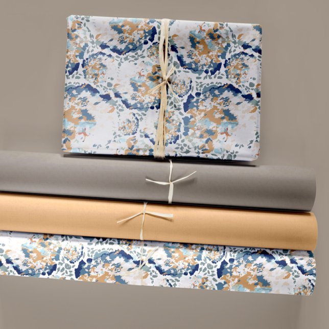 Blue Gold Watercolor Hydrangeas Fall Wrapping Paper Sheet (Abstract Blue Gold Hydrangeas Wrapping Paper Sheets by Studio Posies.)