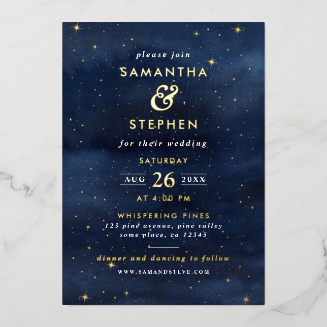 Blue & Gold Watercolor Night Sky & Stars Wedding (Front)