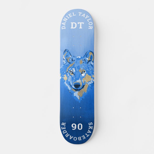 Blue Gold Watercolor Paint Gradient Monogram Wolf Skateboard (Front)