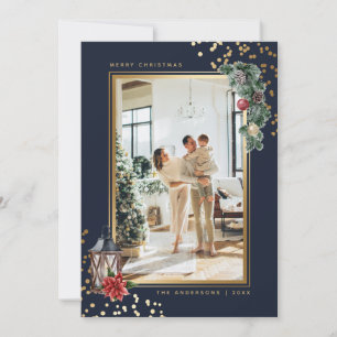Blue Gold Watercolor Photo Christmas Holiday Card