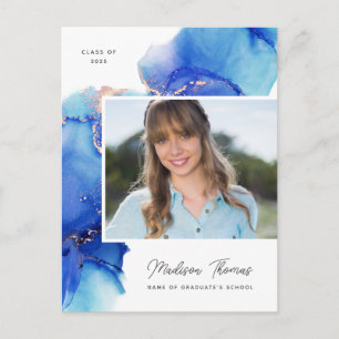 Blue Gold Watercolor Photo Graduation Postcard