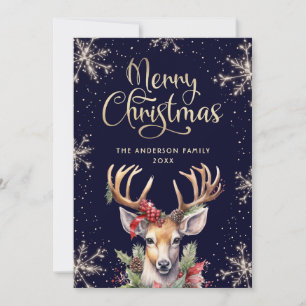 Blue Gold Watercolor Reindeer Merry Christmas Card