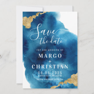 Blue & Gold Watercolor Save The Date Invitation