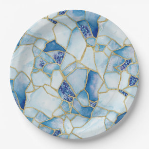 Blue Gold Watercolor Sea Glass Mosaic Pattern Paper Plate
