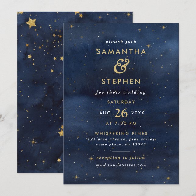 Blue & Gold Watercolor Starry Night Sky Wedding Invitation (Front/Back)