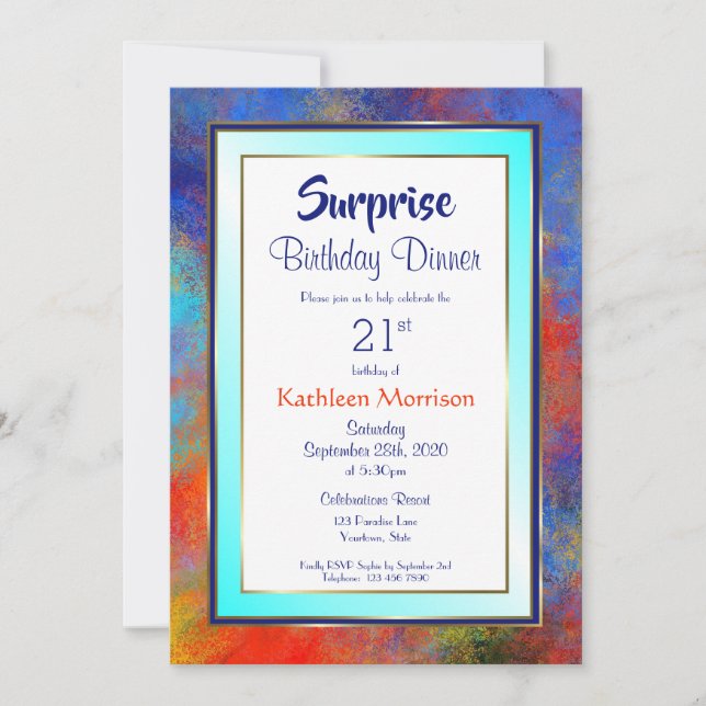 Blue Gold Watercolor Surprise 21st Birthday Dinner Invitation (Front)