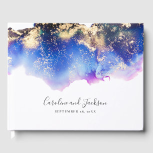 Blue Gold Watercolor Wedding Guest Book