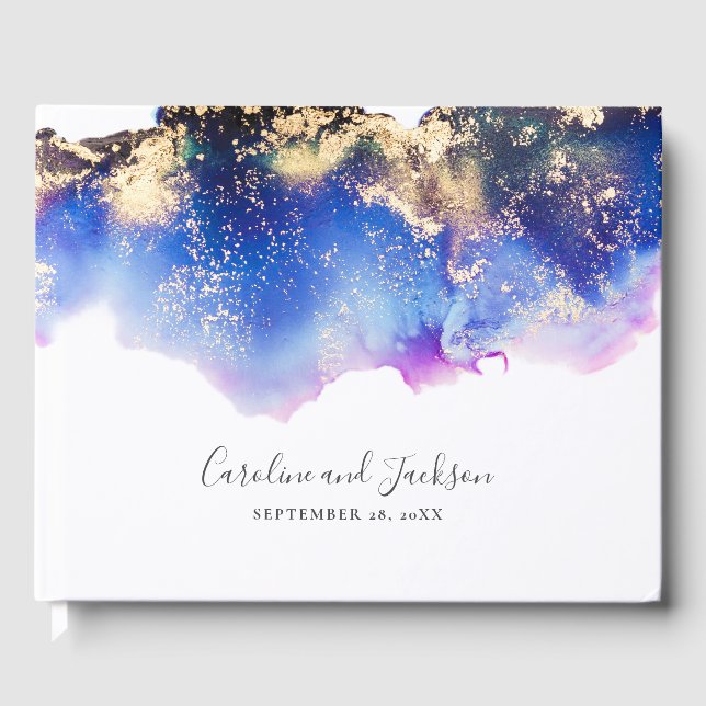 Blue Gold Watercolor Wedding Guest Book (Front)
