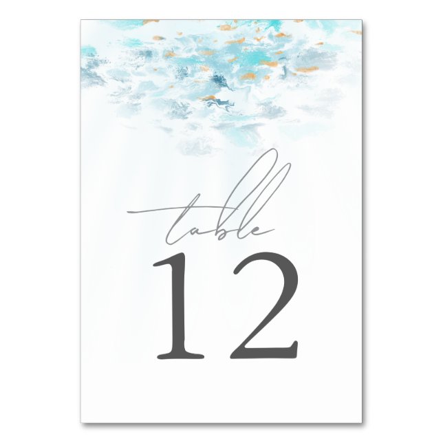 Blue & Gold Waves Coastal Wedding Table Number (Front)