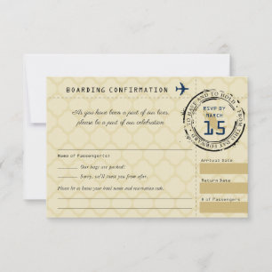 Blue Gold Wedding RSVP Boarding Pass to Mexico Card