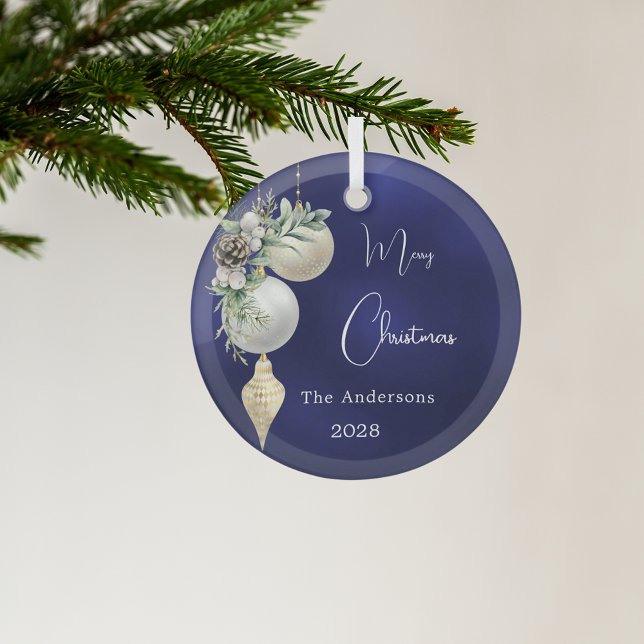 Blue gold white baubles Christmas Glass Ornament (Creator Uploaded)