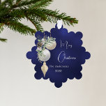 Blue gold white baubles Christmas Ornament Card<br><div class="desc">A navy blue,  uneven coloured background. Decorated with white and gold baubles and some greenery and a pine cone.  Personalize and add your name,  year.  Text: Merry Christmas</div>