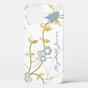 Blue Gold White Birds Floral Personalized iPhone 12 Case