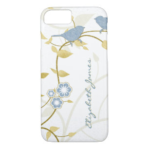Blue Gold White Birds Floral Personalized Case-Mate iPhone Case