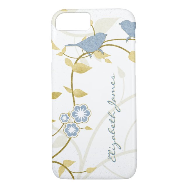 Blue Gold White Birds Floral Personalized Case-Mate iPhone Case (Back)