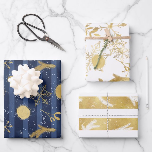 Blue Gold White Christmas Holiday Pattern Wrapping Paper Sheet (Front)