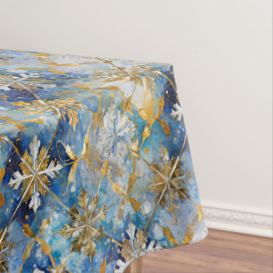 Blue Gold White Christmas Snowflakes Tablecloth